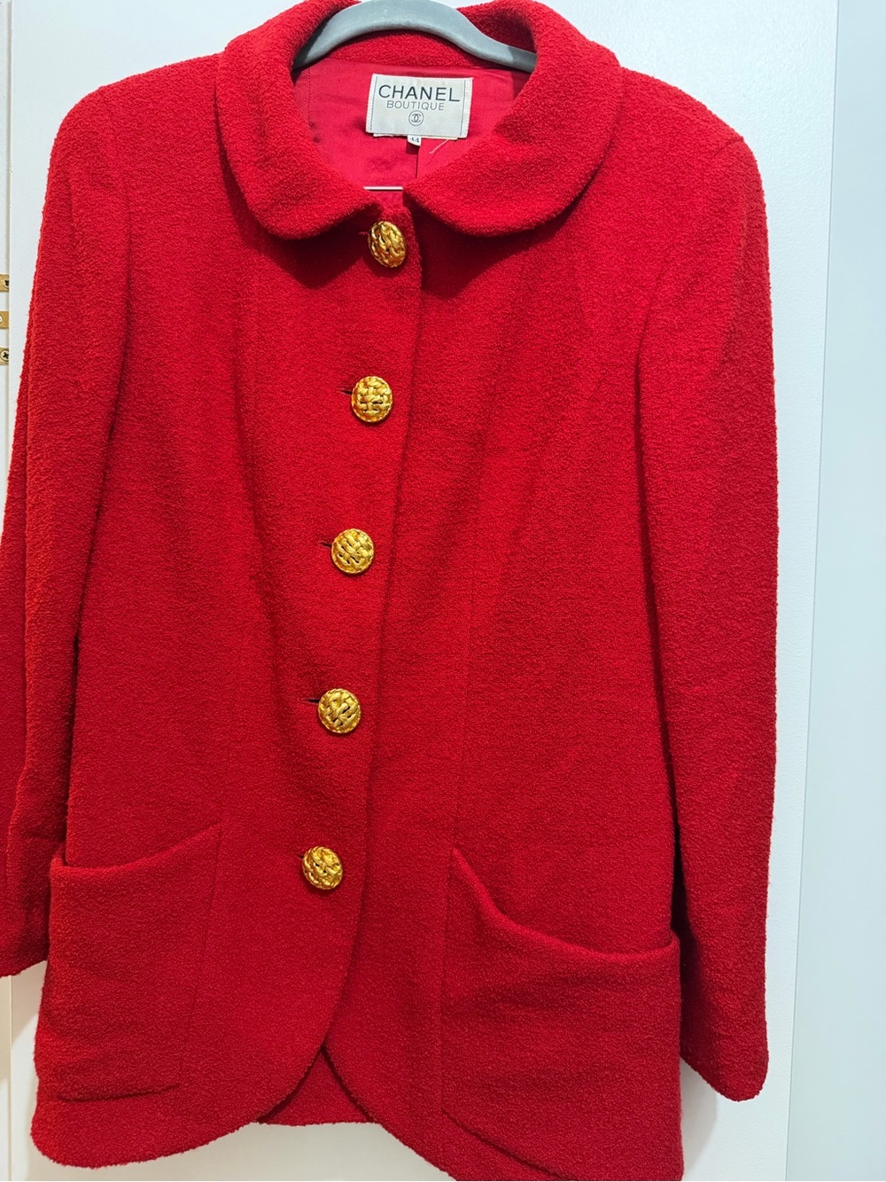 CHANEL Boutique Red Wool Tweed Jacket and Skirt Set with Gold Buttons
